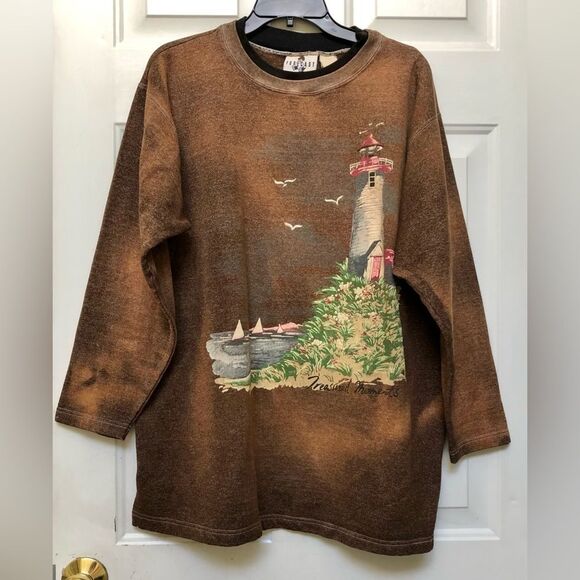VINTAGE FORECAST SWEATSHIRT SIZE 2X BROWN GRAPHIC LIGHTHOUSE PULL OVER - Picture 3 of 7